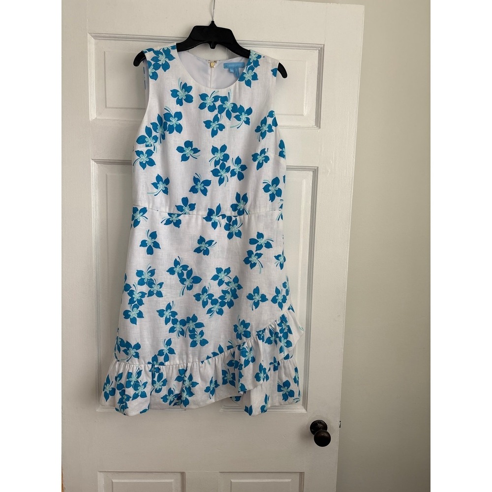 Draper James Blue White Floral Linen Ruffle Hem Sleeveless Dress Size 6